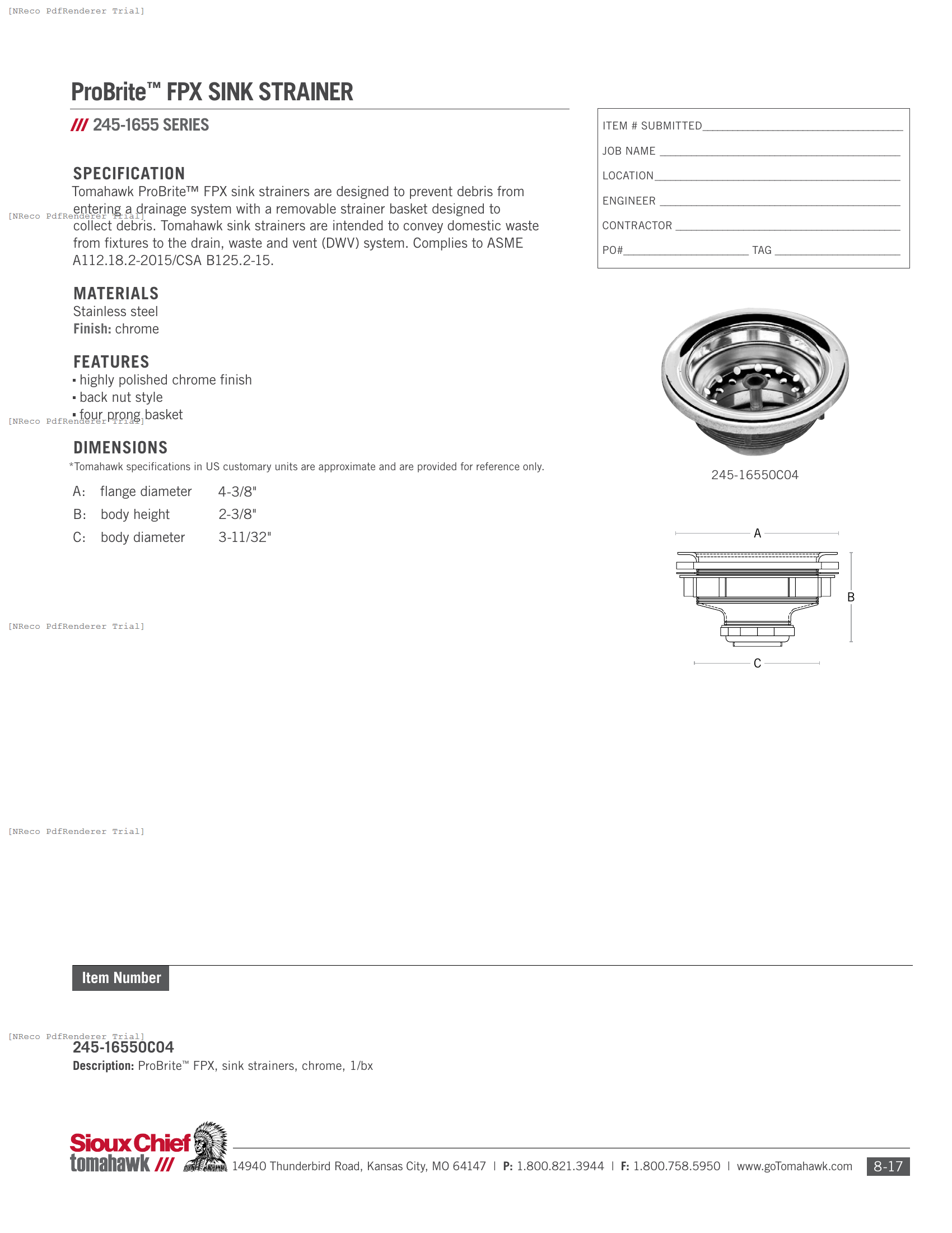 245-16550C04 - PRO-BRITE FPX SINK STRAINER - SPEC SHEET.PDF Specification Document